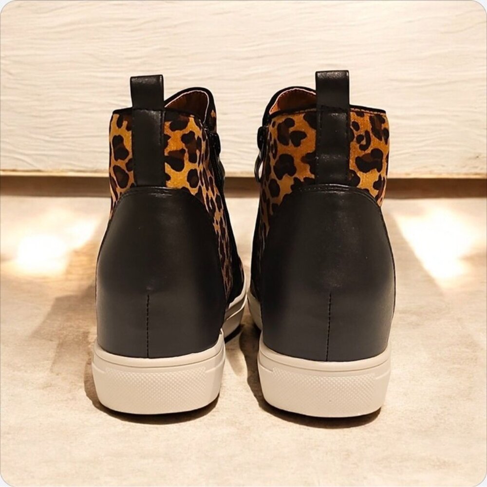 Leopard Print Side-Zip Wedge Sneakers For Women Faux Leather Upper Rubber Sole - Picture 9 of 10